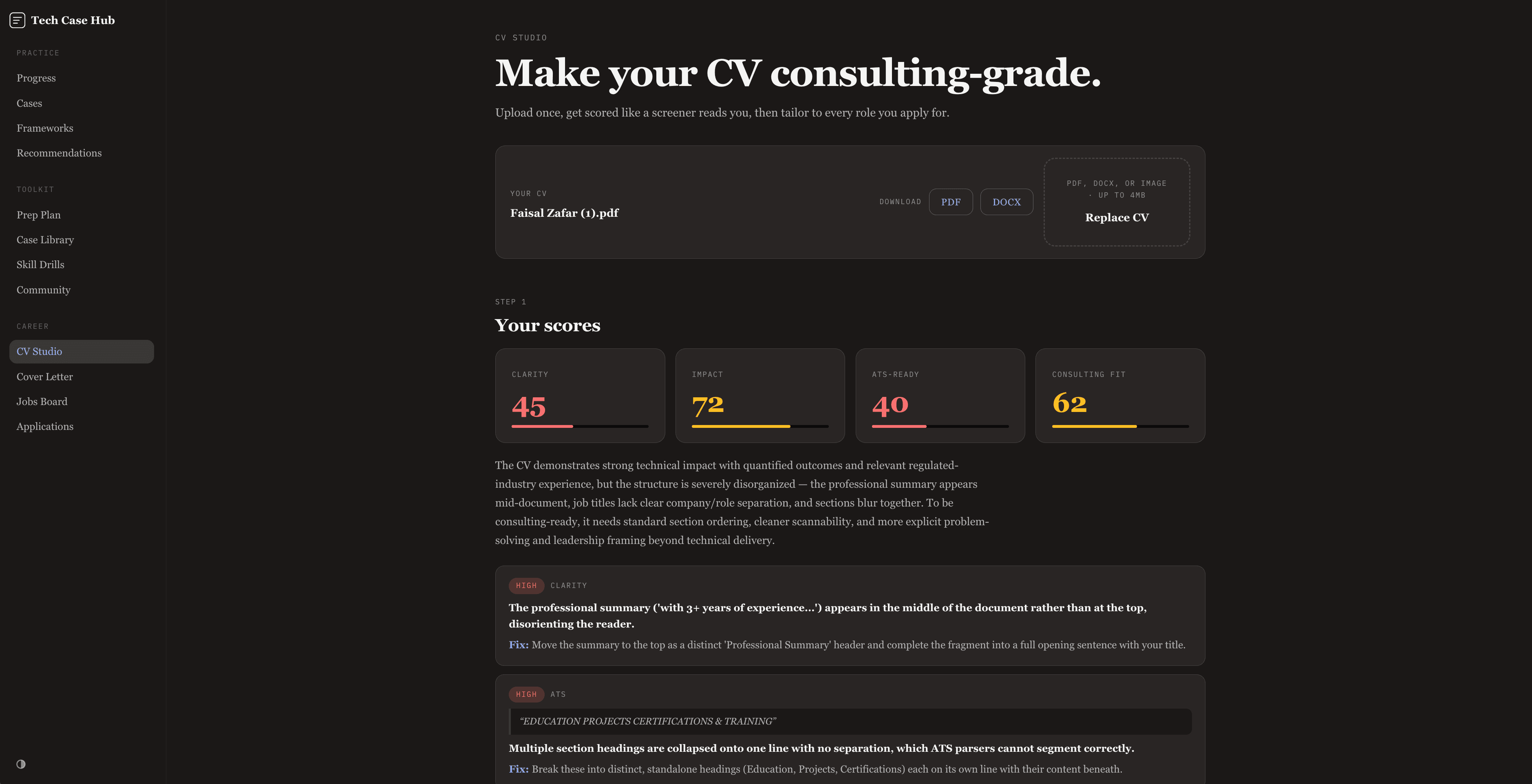CV Studio scoring and tailoring