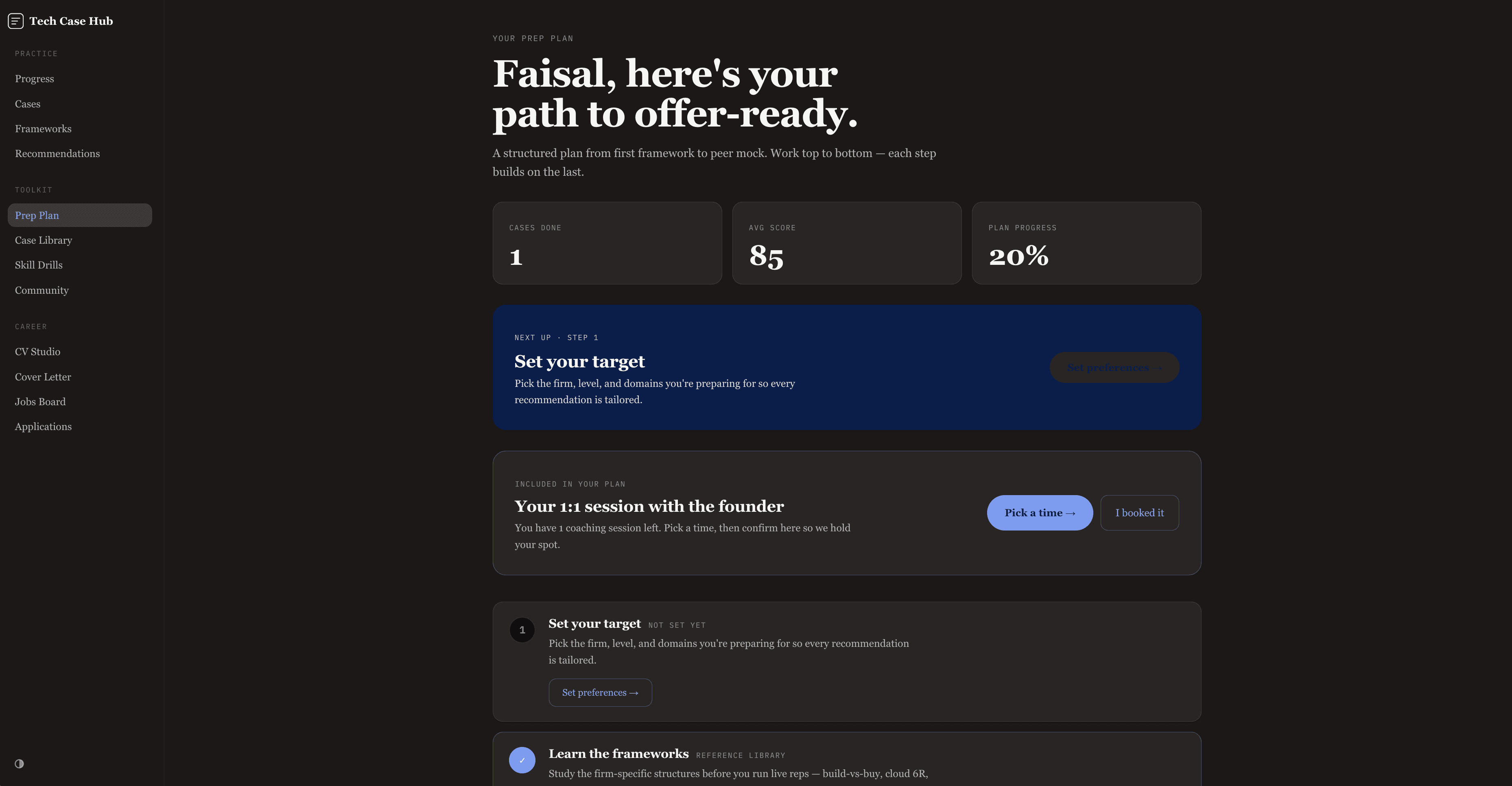 Interview prep dashboard with countdown plan