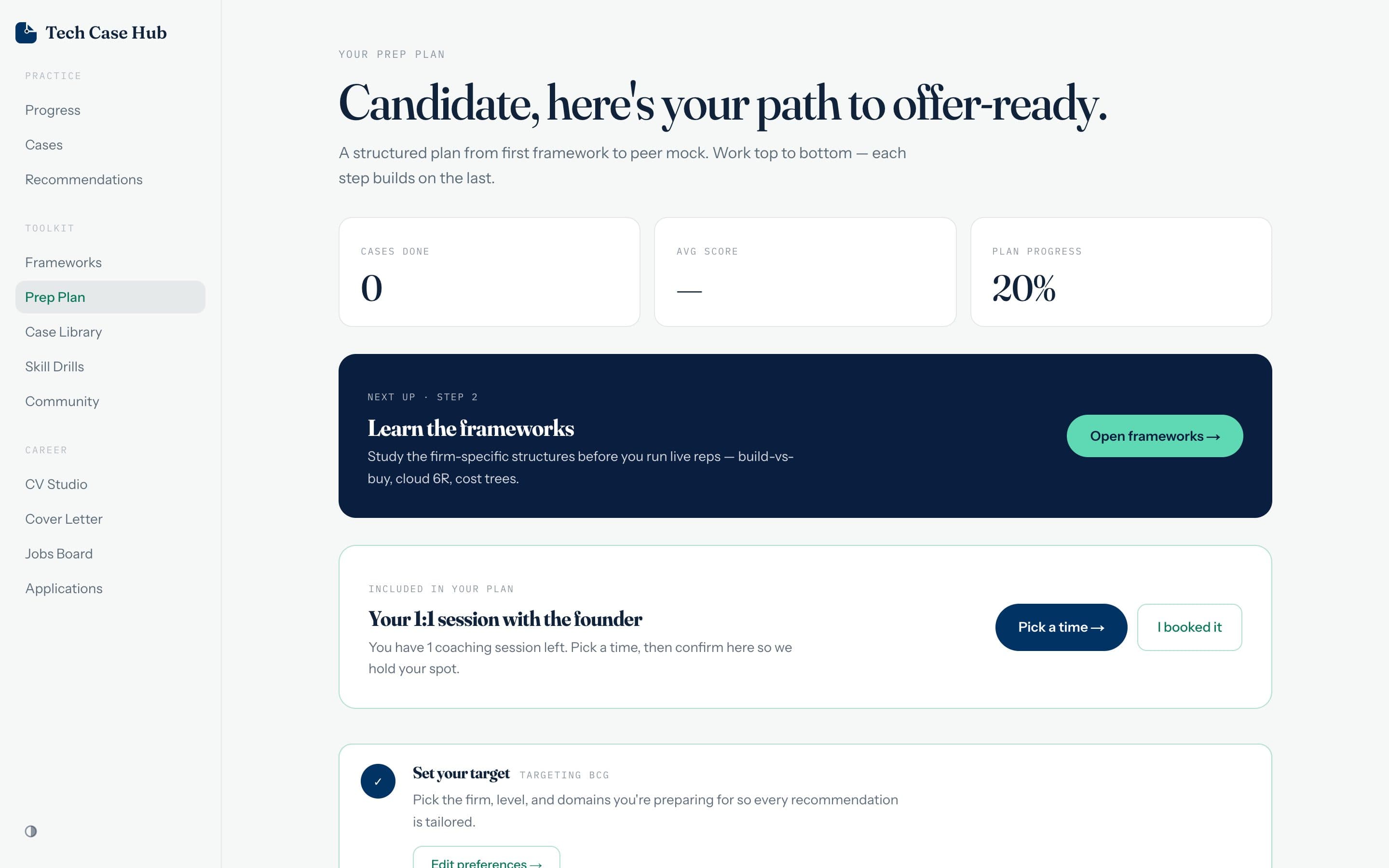 Interview prep dashboard with countdown plan