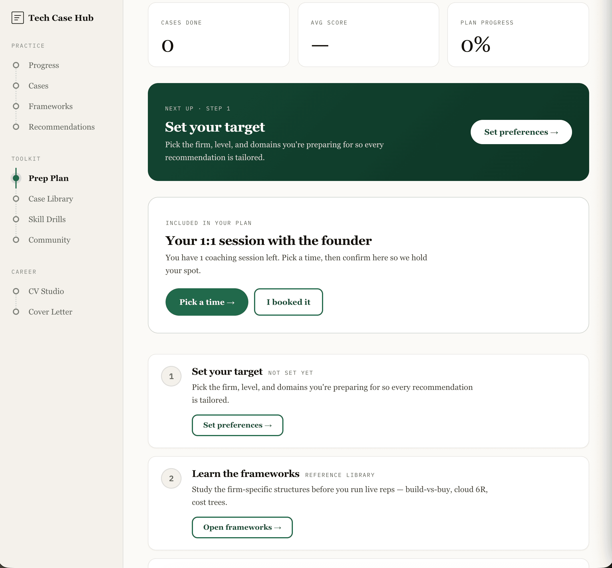 Interview prep dashboard with countdown plan