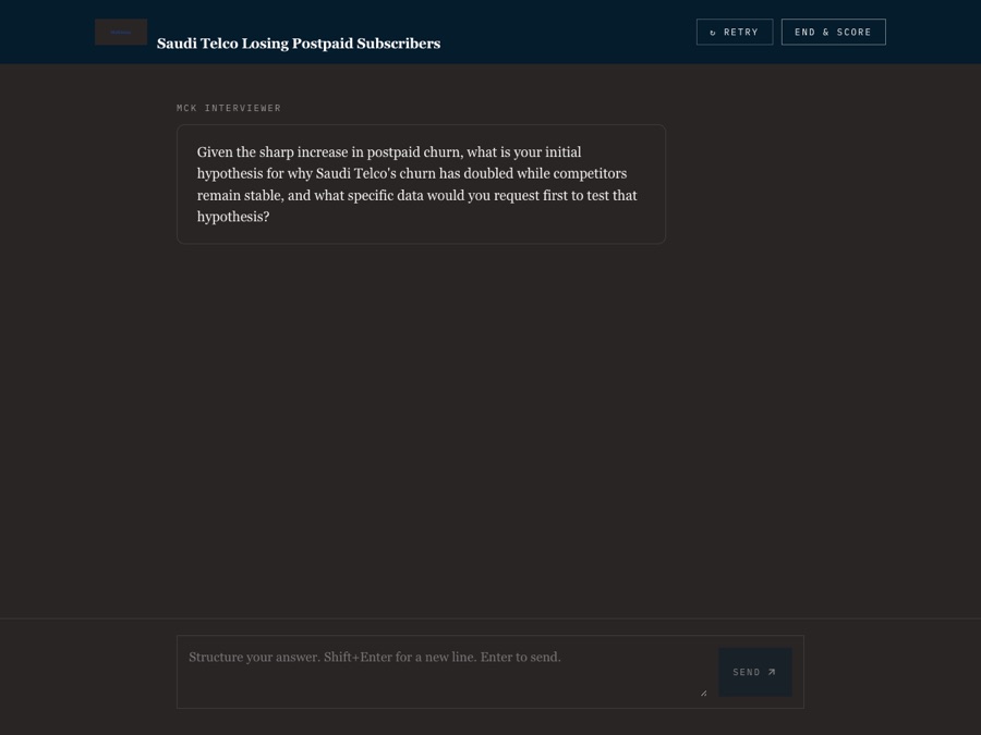 A live interview question from an AI interviewer, shown mid-case with the input box ready for a structured answer